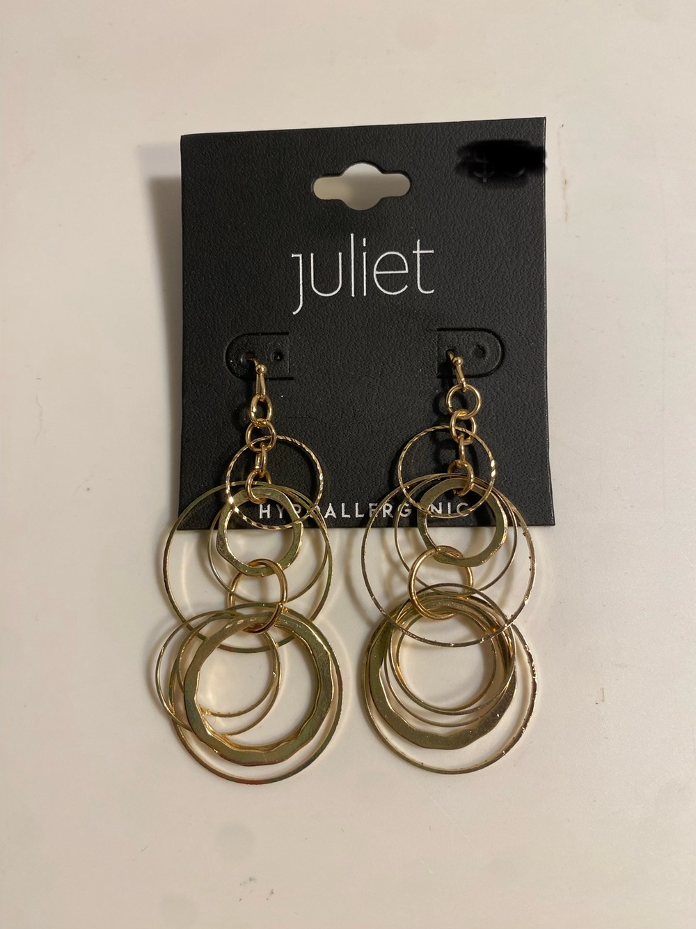NWT Juliet Gold Interlocking Circle Dangle Earrings Hypoallergenic Multi Tier
